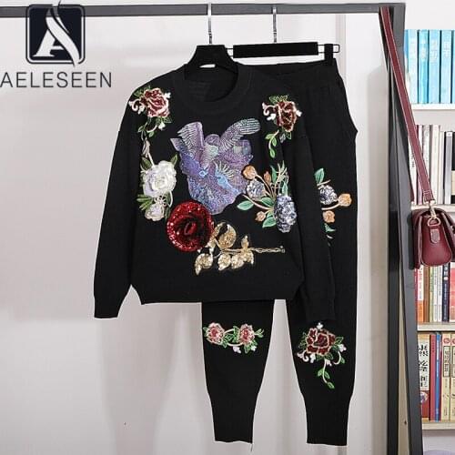 AELESEEN Runway Fashion Women Knitted Sets 2021 Autumn Winter sBirdsFlower Sequined 3D Appliques Sweater+ Pants Knitting Suits