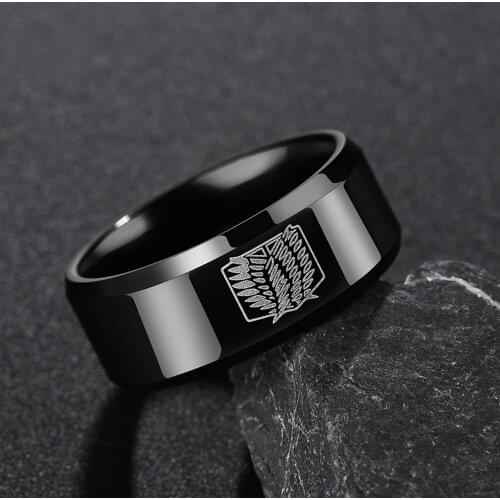 Black Ring Men 8MM Titans Attack Silver Stainless Steel Ring Attack on Titan Wings Of Liberty Flag Finger Rings For Anime Fans