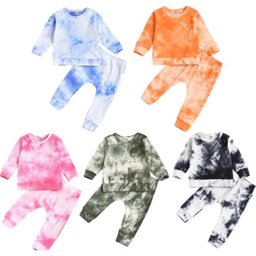 FOCUSNORM 0-24M Newborn Baby Girls Boys Tie-Dye Clothes Sets Long Sleeve Printed Pullover Sweatshirt Tops Trousers Pants 2pcs