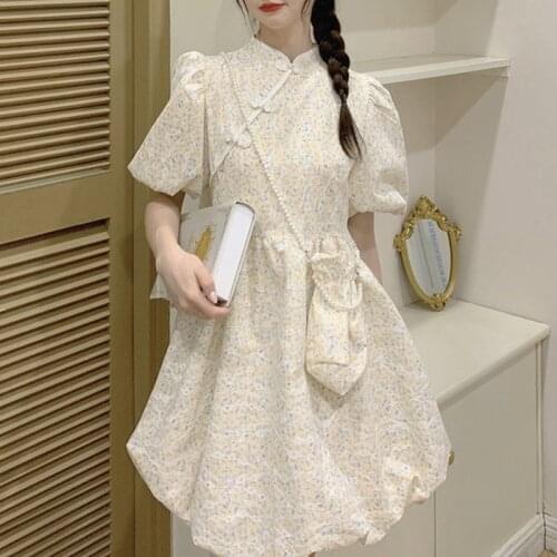 French Vintage Mini Dress Women Design Party Flower One Piece Dress 2021 Summer Puff Sleeve Dress Females Korean Style Cheongsam
