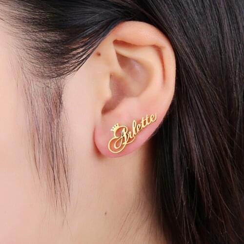 Stainless Steel Custom Name Crown Stud Earrings For Women Girls Queen Personalized Nameplate Handmade Jewelry Letter Oorbellen