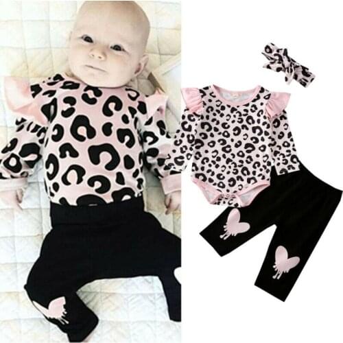 3Pcs Newborn Baby Girls Clothes Set Ruffle Long Sleeve Leopard Romper Print Pants Headband Outfits 0-24M