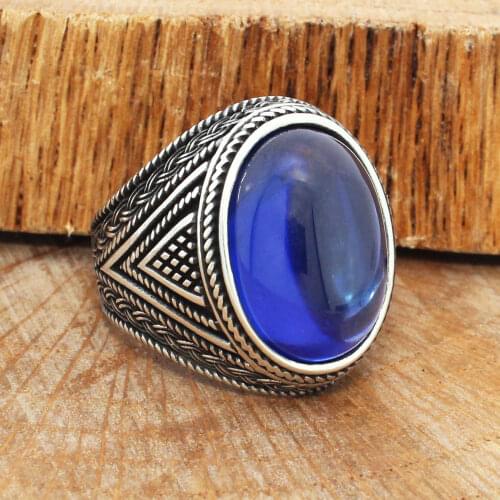 Solid 925 Sterling Silver Blue Zircon Stone Mens Ring