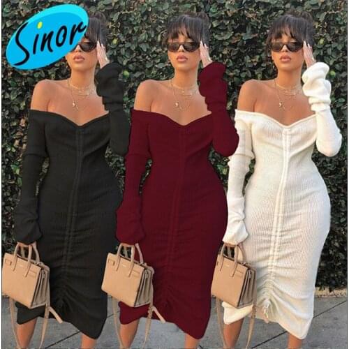 [Bottom Price]2020 New Style for Autumn and Winter Womens off-the-Shoulder Long Sleeve Long Solid Color Drawstring Dress Women