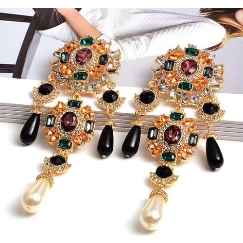 New Bohemian Vintage Metal Colorful Crystals Dangle Drop Earrings Hanging Pearls Fine Rhinestone Jewelry Accessories For Women