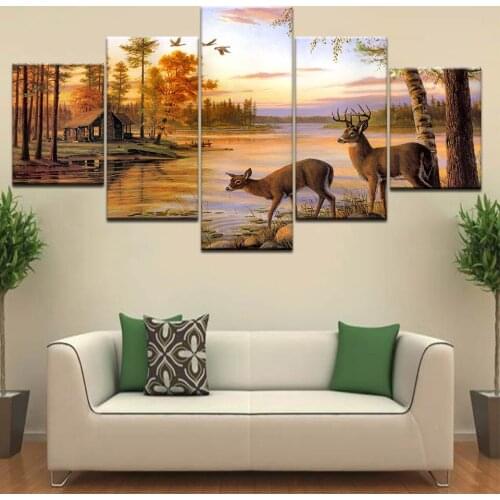 The deer in farm house Landscape Modern Canvas Wall Art 5 Panel HD Print For home living room decoration