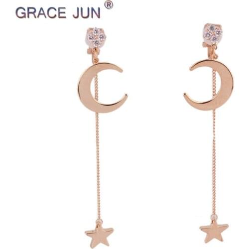GRACE JUN Gold Color Star Moon Long Tassel Clip on Earrings No Pierced Fashion Long Chain Cushion Earrings Lead Free No Allergy