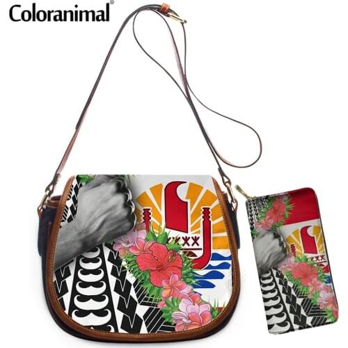 Coloranimal Fashion 2Pcs/Set Crossbody Bag With Purse Polynesian Tahiti Hibiscus Printed Women Shoulder Bag PU Messenger Bolsa