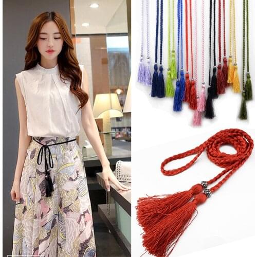 Thin Knitted Fabric Womens Tassel Faux Leather Straps Female Fringe Belt Straps Belt Accessories