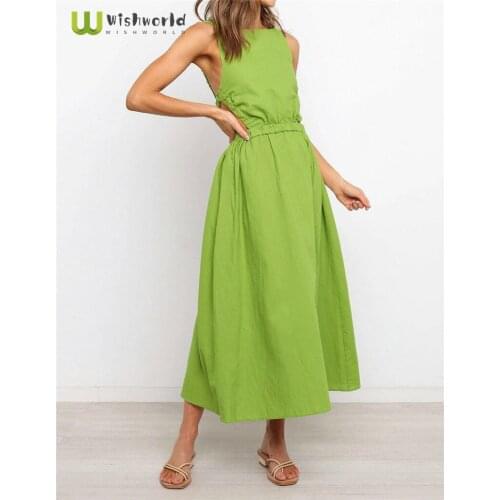 Wishworld Sexy Sleeveless Sling Open Back Elastic Waist Long Dress Fashion Women Popular Summer Sundress Boutique Casual Dresses