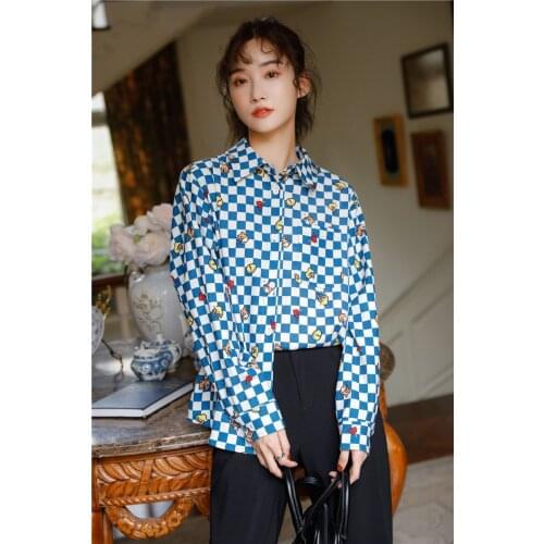 Vintage lattice Long Sleeve Blouse Shirt Up Collar Single-Breasted Korean Shirt Ladies Top Women 2021 Autumn Clothing
