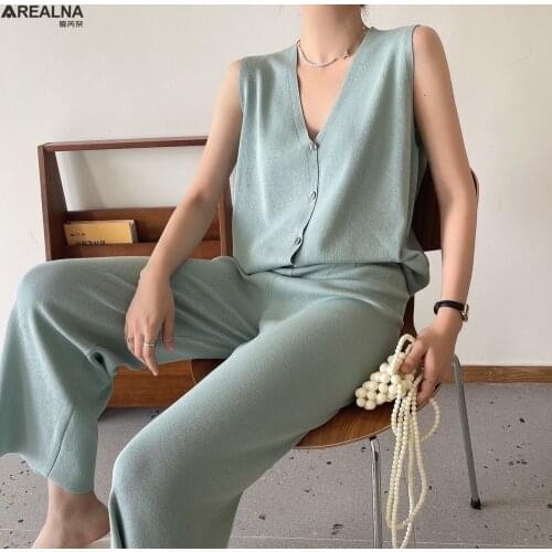 Two piece set women tracksuit summer knitted suits 2 piece set Ice silk thin sweater Sleeveless cardigan vest + wide legs pants