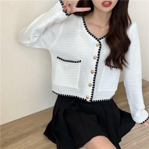 Women Knitted Full Sleeve Single-Breasted Buttons Sweaters Cardigans Lady Knit Pockets Chic Crop Tee Tops for Female