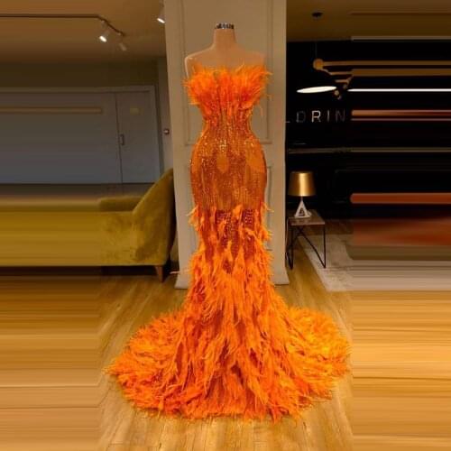 2020 New Arrival Orange Prom Party Dresses Long Mermaid Strapless With Feathers Beded Sequins Sexy Women Eyes-chatching Gowns
