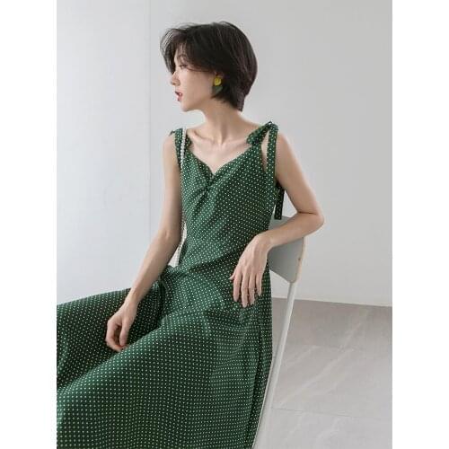 Women vintage dot spaghetti strap dress summer chiffon dresses