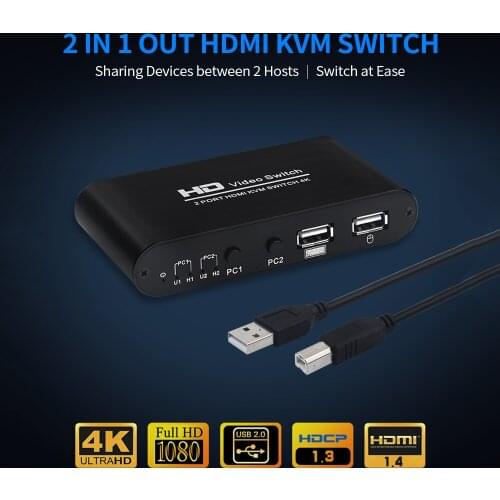 2 in 1 Out KVM Switch Dual Displays Support 4K 30Hz/Mouse Keyboard Sharing/Audio & Video Sync Output Easy to Switch Black