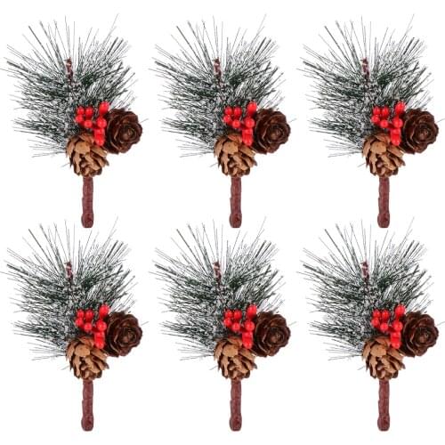 6Pcs Pine Snowy Flower Picks Christmas Snow Holly Red Berry Pinecone Picks Decor