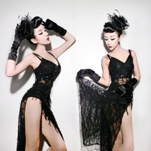 Black Sexy Backless Sequins High Split Bodysuit Women Bar Nightclub Jazz Dance Costume Stage DS Singer Performance Clothing