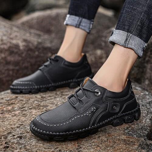 Men Casual Shoes Fashion Leather Tooling Spring Autumn Leisure Lace-up Walking Hiking Shoes Male Retro Footwear Plus Size 38-48