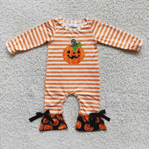 Ready To Ship Items In stock Toddler Girls Long Sleeve Romper Kids Pumpkin Pattern And Stripes Jumpsuit With Bows For Halloween