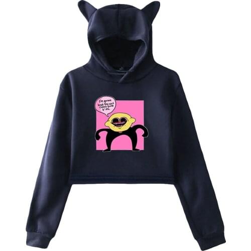 Friday night funkin Lemon Demon Print Cat Cropped Hoodies Girl Long Sleeve Hooded Pullover Crop Tops Sweet Sexy Loose Tide