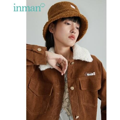 INMAN Women Coat Autumn Winter Plush Point Collar Casual Stylish Corduroy Fabric Red or Sand brown Pure Cotton Short Female Top