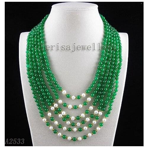 Terisa Pearljewelry AA 7-8mm White Color Natural Freshwater Pearl Necklace Green Stone Jewelry 6Rows Fashion Ladys Pearl Gift