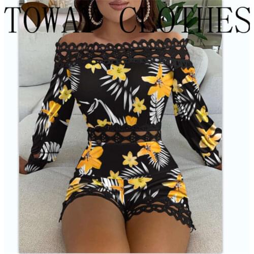 Floral Print Straight Across Patchwork Hem Romper Sexy Chic Skinny Short Jumpsuit y2k Office Lady Clothing traf