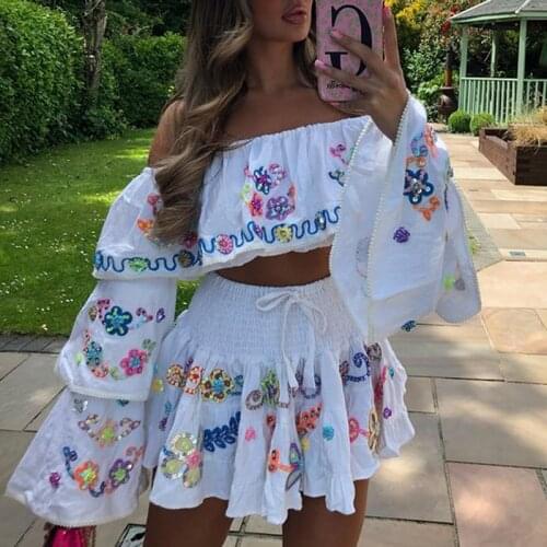 Katara Sweet Slash Neck Suits Women Fashion Flare Sleeve Short Suit Women Elegant Elastic Waist Skirts Suits Female Ladies