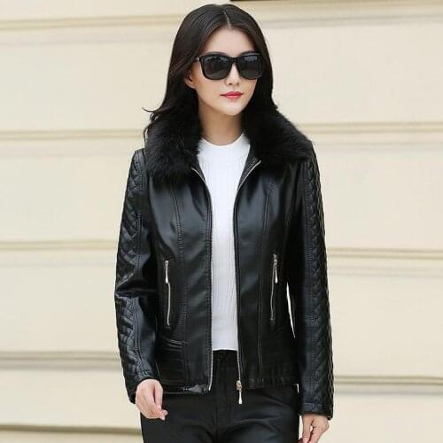 Big Size 6xl Women Motorcycle Coat Faux Fur Collar Long Sleeve Solid Casual Leather Tops 2021 New Autumn Winter Pu Ladies Jacket