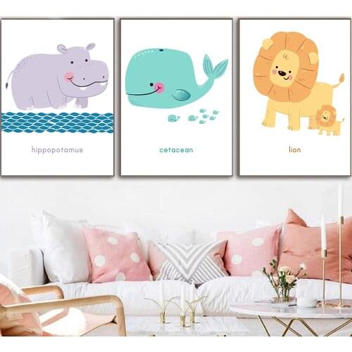 Cute Cartoon Lion Whales hippo Canvas Painting Wall Art Decor Kids Room Decor Poster and Prints Bedroom Decor Pictures