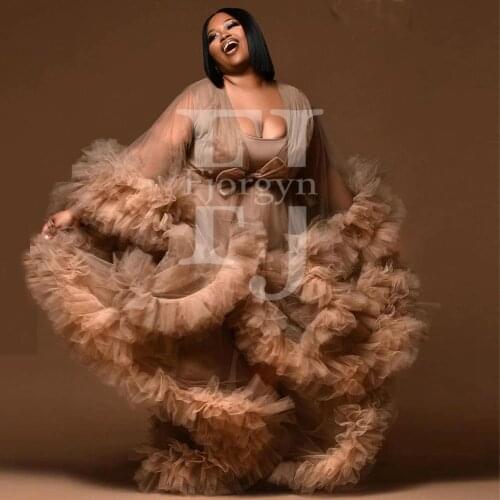 2021 Modeste Champagne Tulle maternity Dresses for Photo Shoot Full Sleeves Tiered Tulle Women Baby Shower Fashion Dress Robes