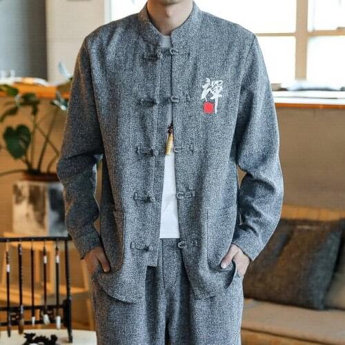 Mens Traditional Chinese Tops Tang Suit Linen Long Sleeve Wu Tang Kung Fu Uniform China Mens Hanfu Shirt Plus Size M-4Xl CN-162