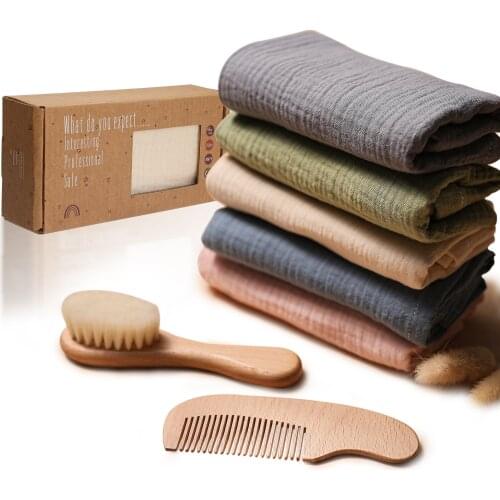 3Pc Baby Bathing Set Cotton Towel Double Sided Blanket Soft Wool Brush Wooden Comb Baby growth memorial Newborn Baby Birth Gifts