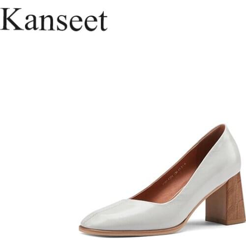 Kanseet 2021 New Womans Pumps Spring Autumn Black White Genuine Leather Elegant Handmade Round Toe Fashion 7cm High Heels Shoes