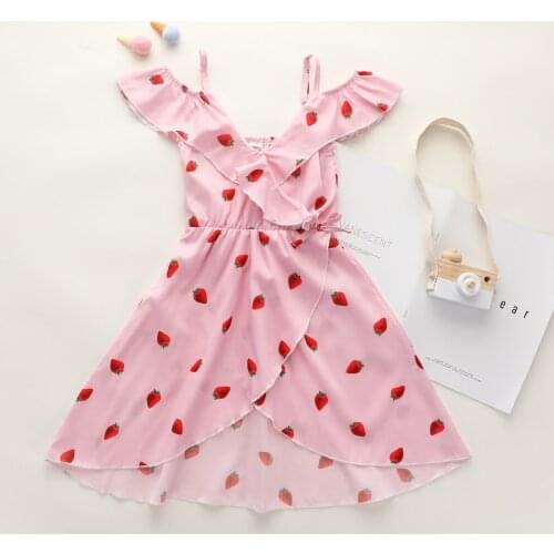 FOCUSNORM Princess Kids Girls Dress Strawberry Printing Ruffles Sleeve Casual V-neck High Waist A-Line Dress 2-7Y