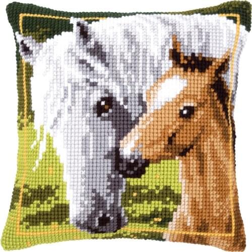Cross Stitch Cushion White Horse and Her Foal Needlepoint Kits Printed Canvas Chunky Yarn Cross-stitch Pillow Case Arts & Crafts