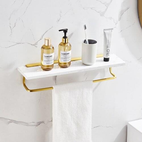 Bathroom Shelf Towel Bar Wall Mounted Bath Shower Shelf Brushed Gold Aluminum and Marble Bath Shampoo Holder Rack Basket Holder