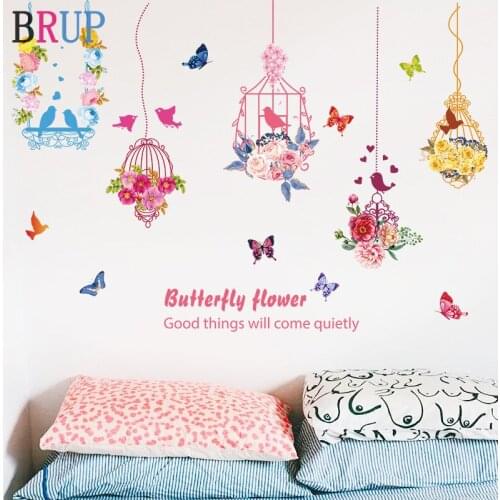 Romantic Birdcage Flower Wall Stickers Colorful Butterfly Home Decor Lovely Birds Wall Decals Art PVC Vinyl Room Decoration
