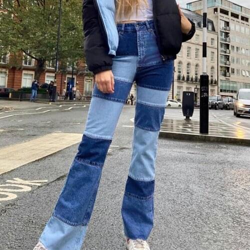 High Waisted Blue Patched Straight Jeans for Girls Female Women Stretch Vintage Denim Pants 2021 Trouser Capris Streetwear