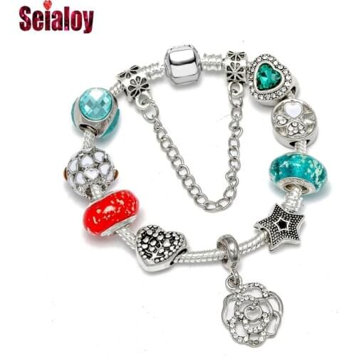 Seialoy Green Crystal Beads Flowers Charm Bracelets for Women Girl Original Shining Heart Stars Beaded Bracelet Bangle Jewelry