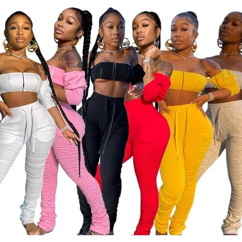 Sexy Nightclub Women Stacked Suit Off Shoulder Flare Sleeve Tube Top Stacked Sweatpants Leggings Ruched Pants Tracksuit Set