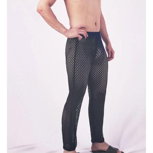 Mesh Fishnet Men Sexy See Through Trouser Home Lounge Pants Gay Male Funny Sheer Long Pajama Bottoms Comfortable Sleep Bottoms