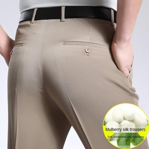 Mulberry Silk Thin Dress Trousers Man High Waist Straight Loose Mens Pants Flat Khaki Black Business Suit Pants