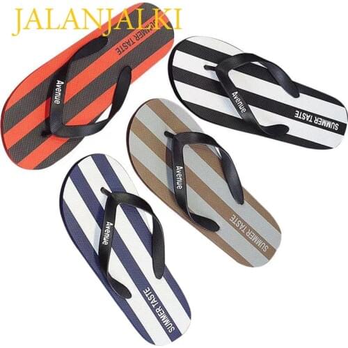 JALANJALKI Summer Men Slippers Outdoor Flat Sole Non-slip Beach Men Flip-flops Strip Printing Male PE Sandals Flexible Men Shoes