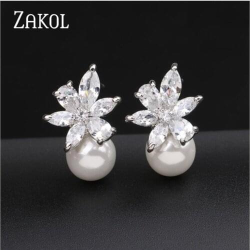 ZAKOL Fashion Cute Exquisite Flower Stud Pearl Crystal Earings White AAA Zircon For Women Jewelry Wedding Party Gifts FSEL859