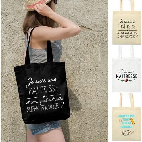 French Super Mistress Print Women Canvas Shopping Shoulder Bag Eco Reusable Tote Cloth Bag Teacher Life Book Storage Handbag