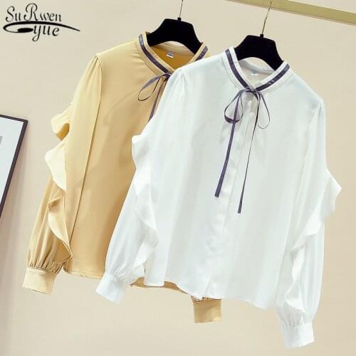 2021 Autumn Long Sleeve Chiffon Blouse Women Fashion Women Blouse Elegant Ruffled Bow Collar Ladies Top Feminine Blusas 11164