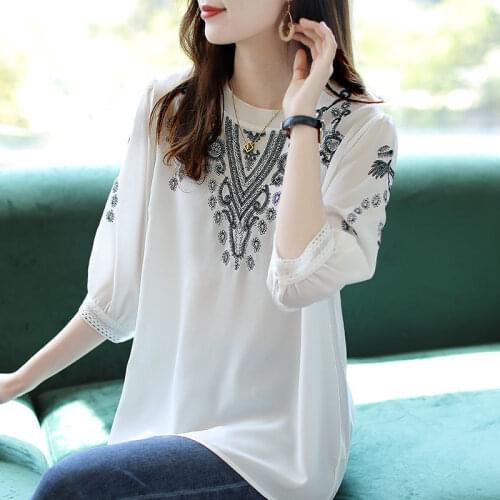 Five-Point Sleeve Chiffon Shirt Female Summer New Style Korean Loose Embroidered Round Neck Half Sleeve Top Stitching