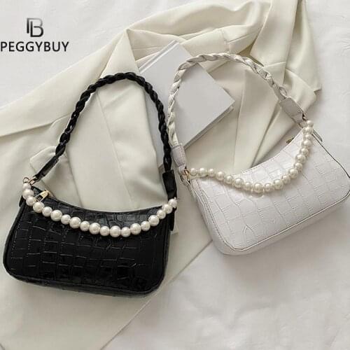 Women Pearl Chain Shoulder Bag Casual Alligator Pattern Shopping Handbag for Ladies PU Leather Underarm Bags